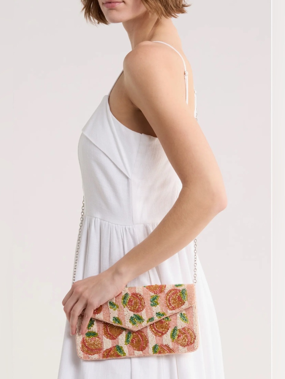 Beaded Peach Motif Wristlet Clutch in White and Peach